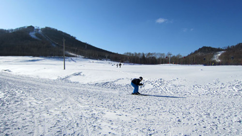 A Chinese skier enjoys the easy route back to the ski lifts at the bottom of the resort on February 16, 2013.[Photo by Lance Crayon/chinadaily.com.cn]