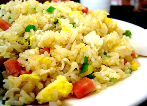 An inviting dish of Yangzhou Chaofan, fried rice with ham, egg and vegetables done in the Huaiyang style of cooking 