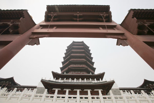 The Yongding Tower, a landmark building of the expo, has a total floor area of 8,000 square meters. It is the tallest antique-looking tower in Beijing, with a height of 69.7 meters. Photos by Wang Jing / China Daily
