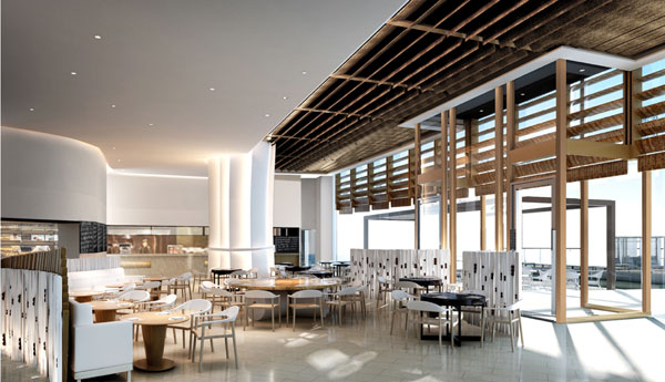 Cafe bord de Mer, with a floor to ceiling view of the sea, is surrounded by nautical themed decorations. Provided to China Daily