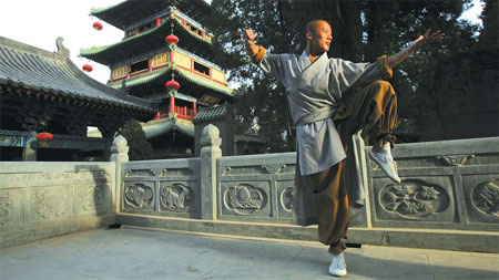 A Shaolin monk practices martial arts. [Photo provided to China Daily]