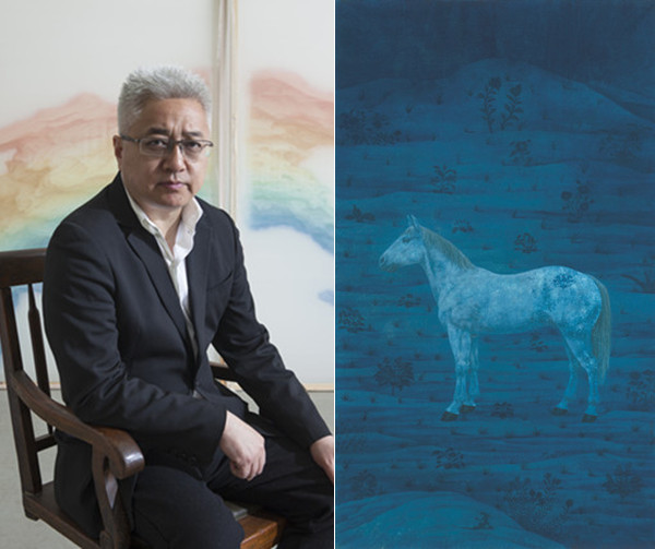 Xu Lei and his art work Blue-Green Land [Photo/Today Art Museum]