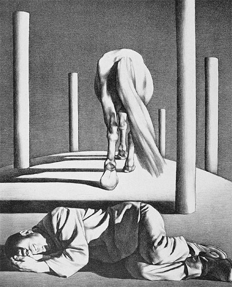 Lying Man and Receding White Horse, 1989, lithograph, by Su Xinping.  