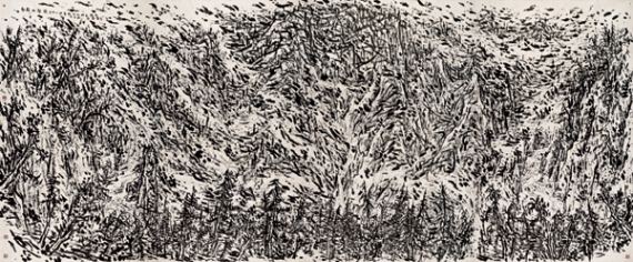 Ink painter Cui Zhenkuan captures the relationship between humans and nature with his unique brushstrokes, which is highlighted in his ongoing solo show in Beijing. (Photo provided to China Daily)