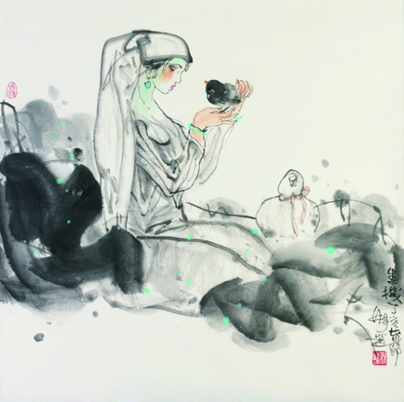 Lin Feng's ink paintings mostly reveal the lives and culture of Chinese ethnic groups. (Photo provided to China Daily)