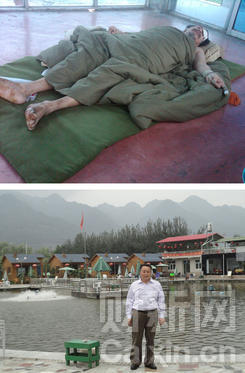 Yang Jinde, 43, looks like a severely injured soldier with his wild unkempt hair and beard, bandaged left eye and wounded arms and legs.