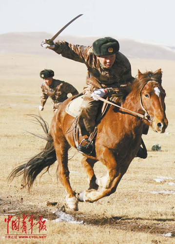 At a signal, a soldier riding a handsome bay horse and brandishing a sword slashed away at targets, which fell to the ground as the horse galloped by.
