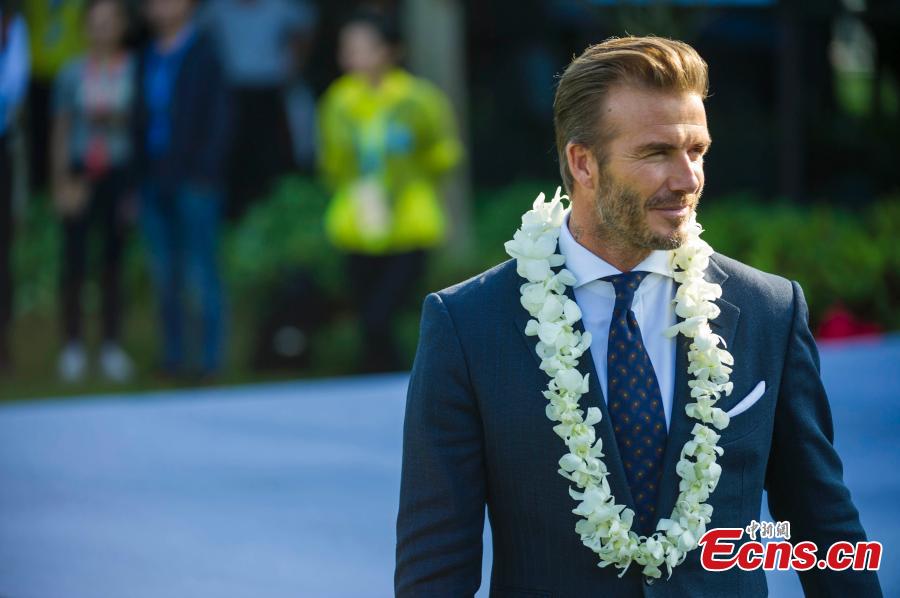 Former soccer superstar David Beckham attends a business event for a real estate developer in Wenchang City, South China’s Hainan Province, Jan. 17, 2016. (Photo: China News Service/Luo Yunfei)