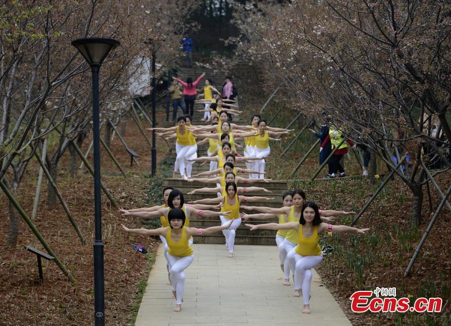 Practicers perform yoga at a botanical garden in Changsha City, the capital of Central China’s Hunan Province, March 15, 2016. Some 100 yoga enthusiasts attended the event to promote a healthy lifestyle as the garden’s cherry blossoms are in full bloom. (Photo: China News Service/Yang Huafeng)