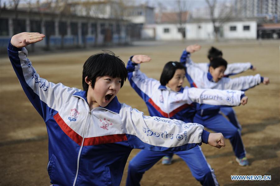 Pupils of Dongqu Primary School exercise martial art in Xinglong County of Chengde City, north China\'s Hebei Province, March 16, 2016. Students in Xinglong County learn traditional Chinese martial art, diabolo exercising and Hulusi performance during their spare time. (Photo: Xinhua/Wang Liqun)