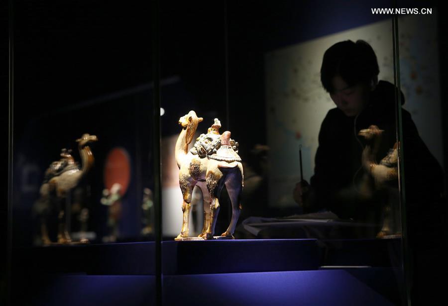 Tri-colored glazed pottery art works exhibited in Shaanxi (1/7)
