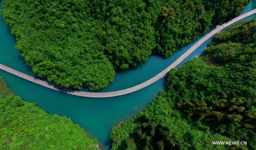Plank road built over river in C China to be open to public(1/4)