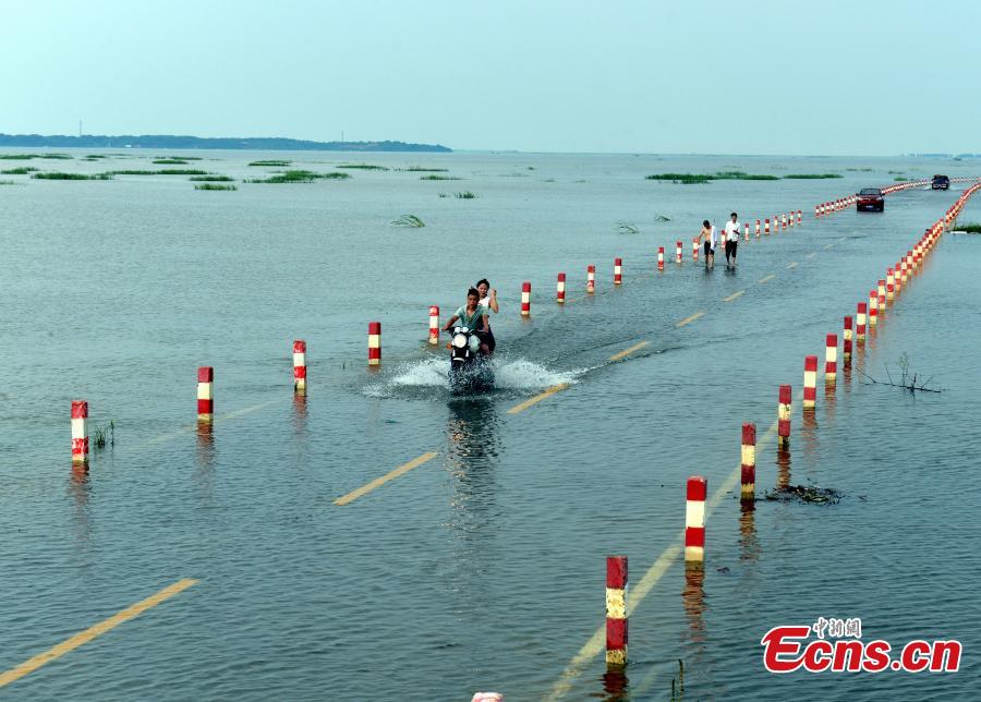 This photo taken on June 22, 2016, shows the submerged Dahuchi section of the Yongxiu-Wucheng Road at the Poyang Lake nature reserve in East China\'s Jiangxi Province. Continuous rain in Jiangxi has led to a rise in the water level of Poyang Lake, China\'s largest freshwater lake, leaving the road submerged by water and also attracting many people to visit the area for the unusual rare scene. (Photo: China News Service/Zheng Wenbin)