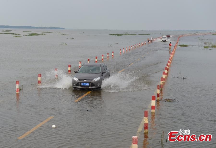 Road submerged by Poyang Lake attracts visitors(1/4)