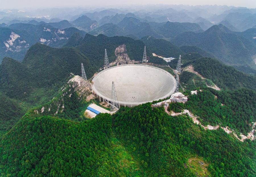 This scene shows the panorama of the 500-meter Aperture Spherical Telescope in Pingtang county, Guizhou province, Sept 7, 2016. (Photo/Xinhua)