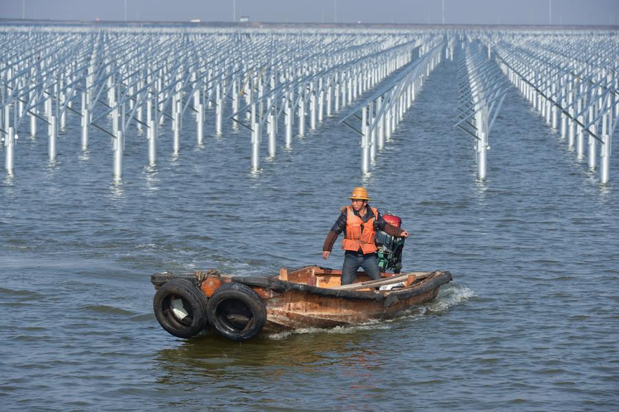 A power worker patrols in an aquaculture farm building and sharing with a solar power project in Cixi city, East China\'s Zhejiang province, Dec 24, 2016. The project under construction, with solar panels installed above the fishery water, is expected to generate 220 million kwh of electricity per year.(Photo/Xinhua)