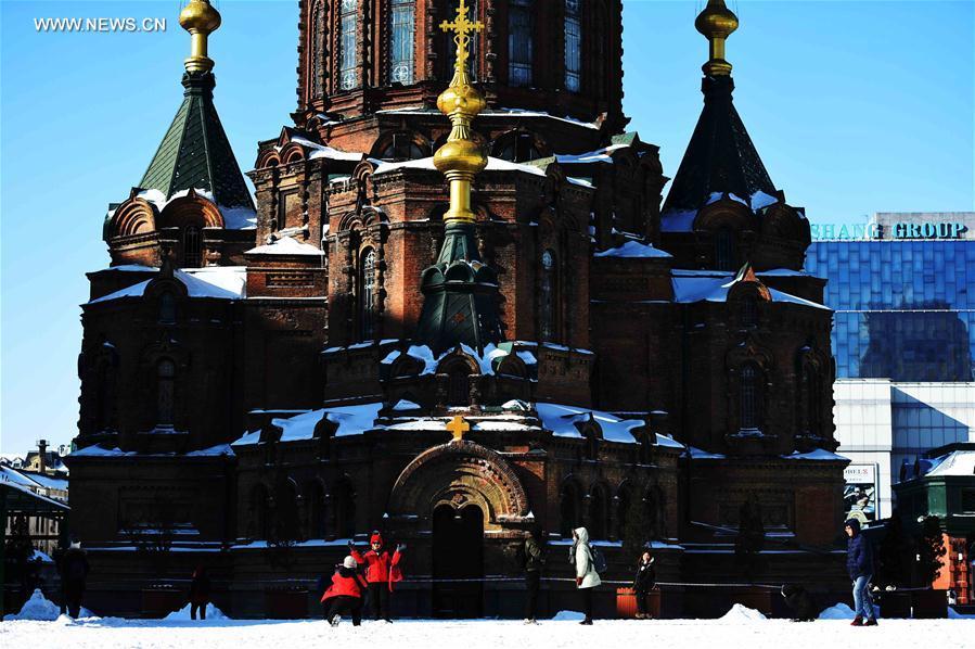 Snow scenery attracts tourists to enjoy outdoor pleasure in China's Harbin (1/12)