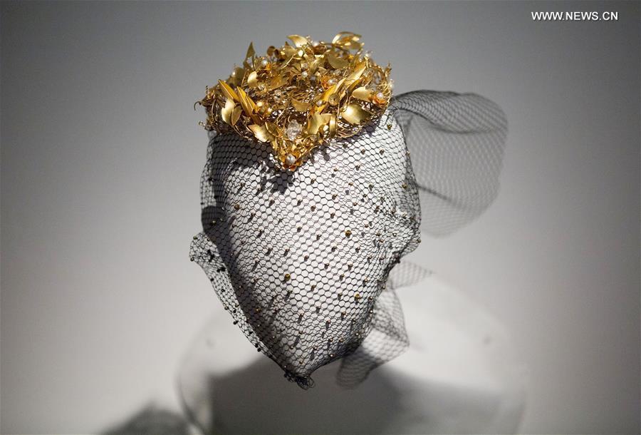 A hat on display at young Chinese designer Sui Yida\'s solo exhibition Masks of Personalities, April 8, 2017. (Xinhua/Wang Xin)