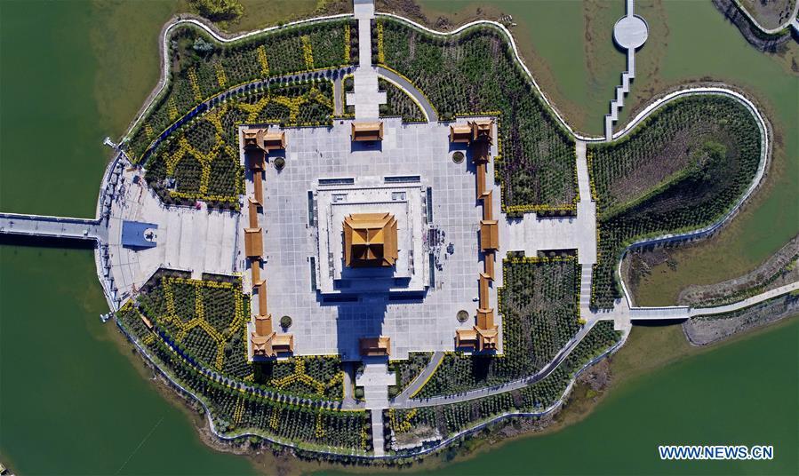 Photo taken on April 27, 2017 shows Huanghe Cultural Park in Qingtongxia City, northwest China\'s Ningxia Hui Autonomous Region. Located on the west bank of the Yellow River, the main building of the park is 108 meters high and is used as an exhibition hall to display Yellow River cultures. (Xinhua/Wang Peng)