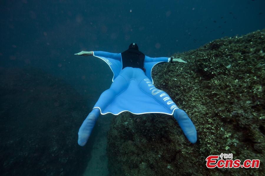 Monaco\'s freediver Pierre Frolla wearing a prototype of an \
