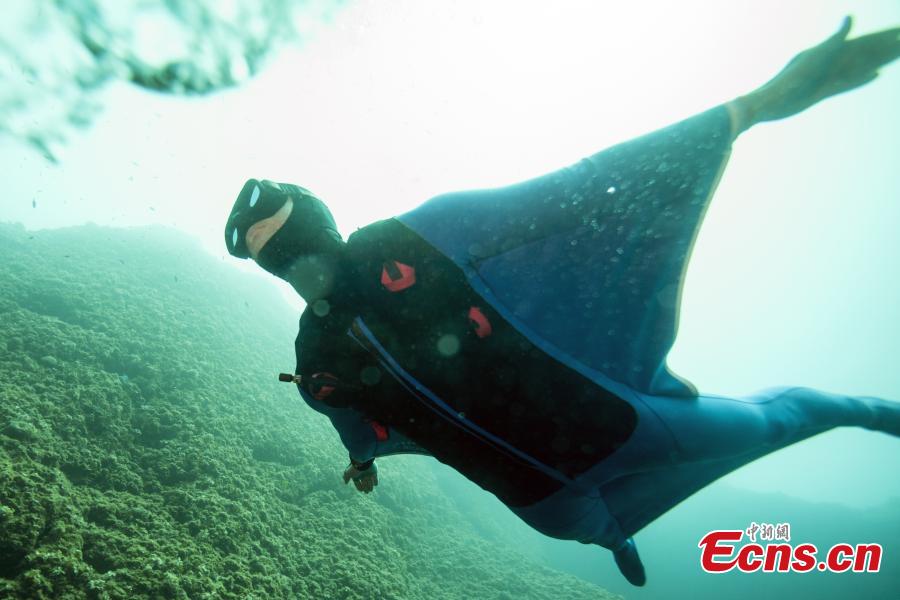 Monaco\'s freediver Pierre Frolla wearing a prototype of an \