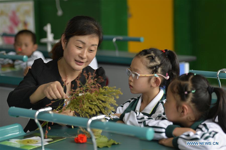 Science teacher Song Lihong (L) introduces sorghum to first-year students at Liucun Primary School in Liucun Village of Xingtai City, north China\'s Hebei Province, Aug. 31, 2017. Since the beginning of this semester, primary schools across China have started to offer the science course to the first-year students. (Xinhua/Chen Lei)