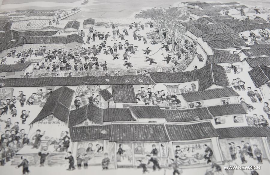 Photo taken on Aug. 31, 2017 shows a part of painting that Shen Houfu created in Shaoxing City of east China's Zhejiang Province.(Xinhua/Weng Xinyang)