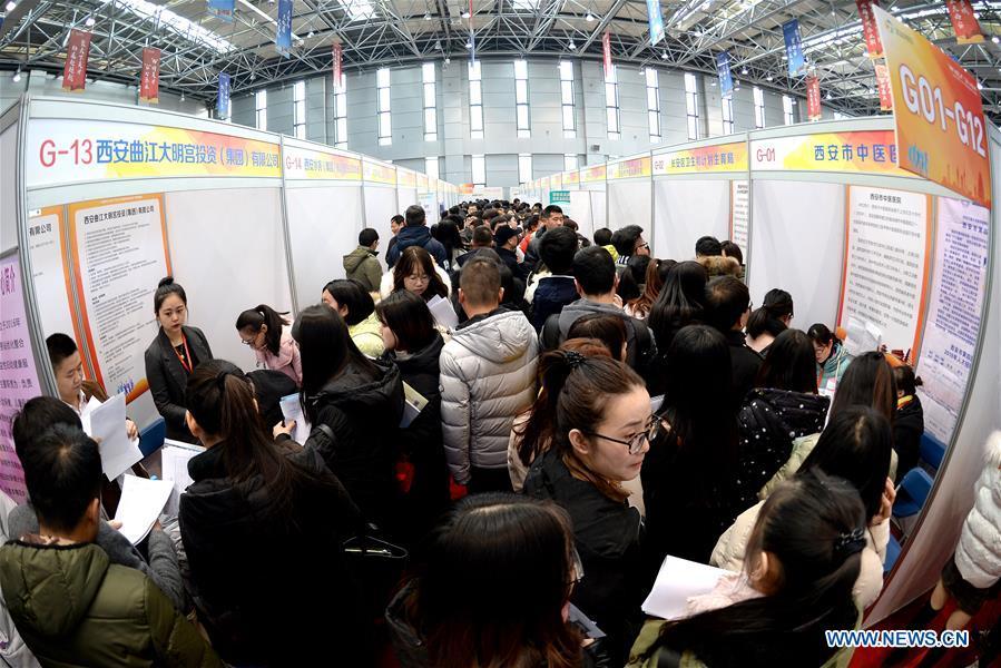 Graduates attend a job fair in Xidian University in Xi\'an, capital of northwest China\'s Shaanxi Province, Jan. 10, 2018. About 8,000 job opportunities were offered to the college graduates at the job fair on Wednesday. Xi\'an will hold more job fairs across the nation until May next year to attract one million college graduates to work in Xi\'an. (Xinhua/Liu Xiao)