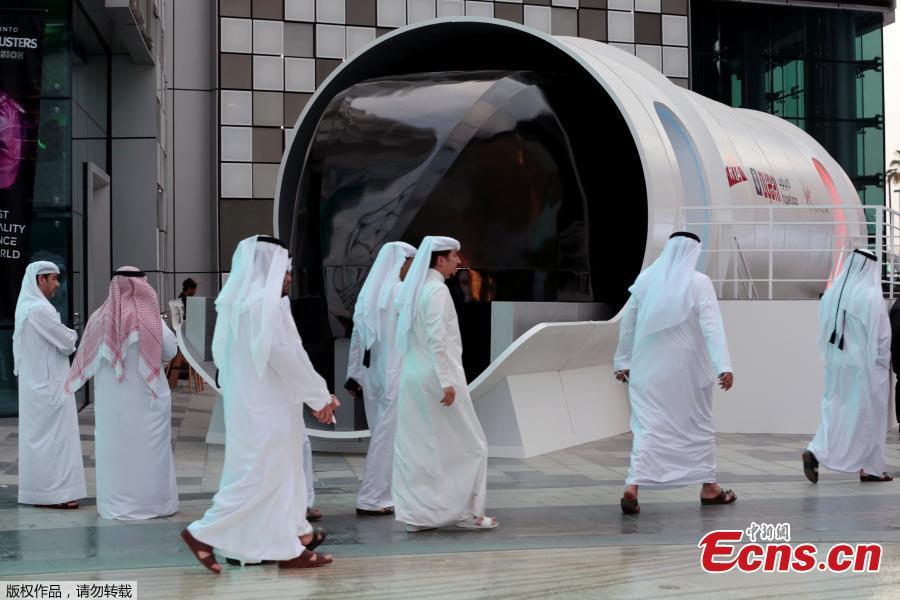 Roads and Transport Authority (RTA) unveils the design model of the hyperloop in Dubai, United Arab Emirates, Feb. 22, 2018. Hyperloop technology uses an electromagnetic propulsion system to accelerate the movement of goods and services through a vacuum tube. The system is designed to assist the levitation of the capsule slightly off the track within the tube and move it at speed up to 1200 km/hour. Accordingly, the hyperloop could travel between Dubai and Abu Dhabi in 12 minutes (about 90 minutes in a car), and lift about 10,000 passengers per hour in both directions. (Photo/Agencies)
