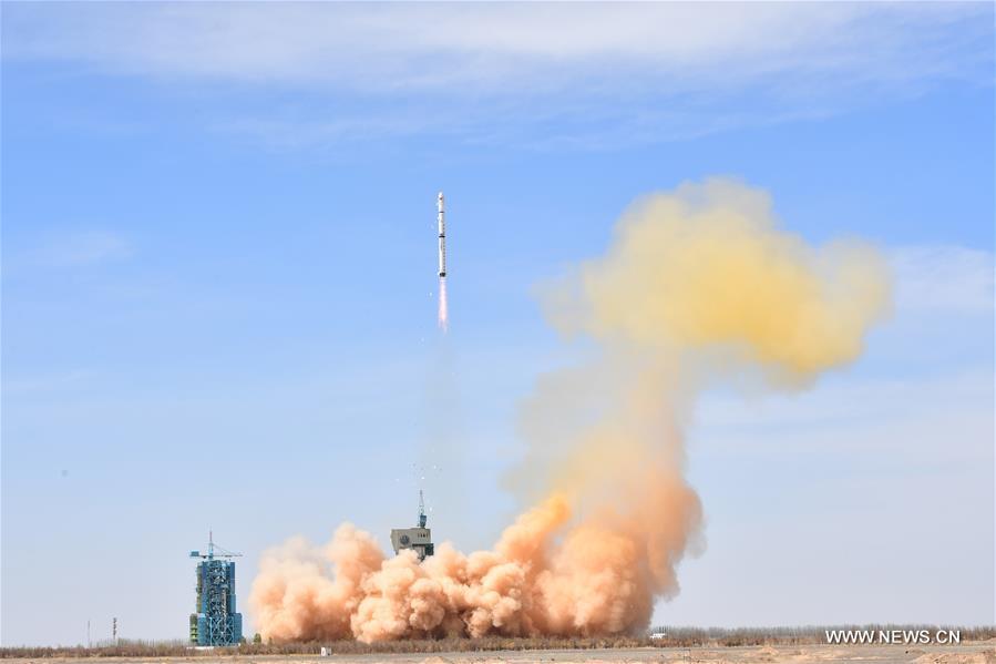 A Long March-4C rocket carrying the first group of China\'s Yaogan-31 remote sensing satellites and a micro nano technology experiment satellite is launched from Jiuquan Satellite Launch Center in northwest China\'s Gansu Province, April 10, 2018. (Xinhua/Wang Jiangbo)