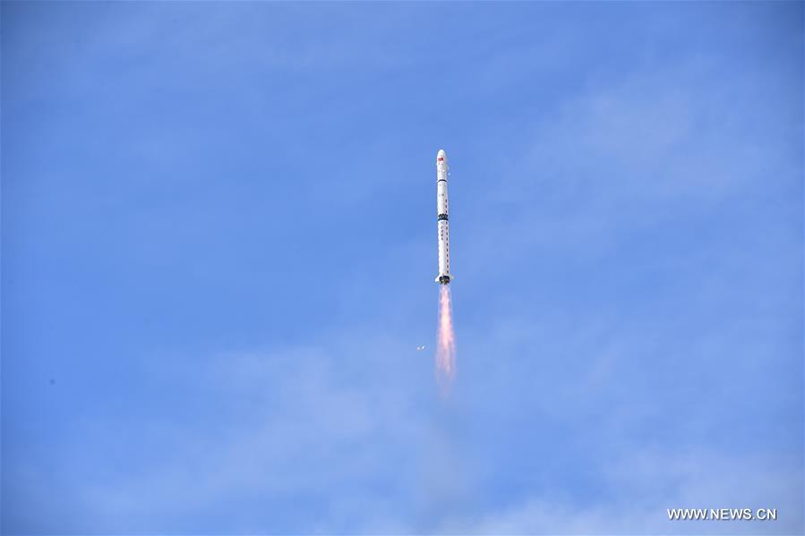 A Long March-4C rocket carrying the first group of China\'s Yaogan-31 remote sensing satellites and a micro nano technology experiment satellite is launched from Jiuquan Satellite Launch Center in northwest China\'s Gansu Province, April 10, 2018. (Xinhua/Wang Jiangbo)