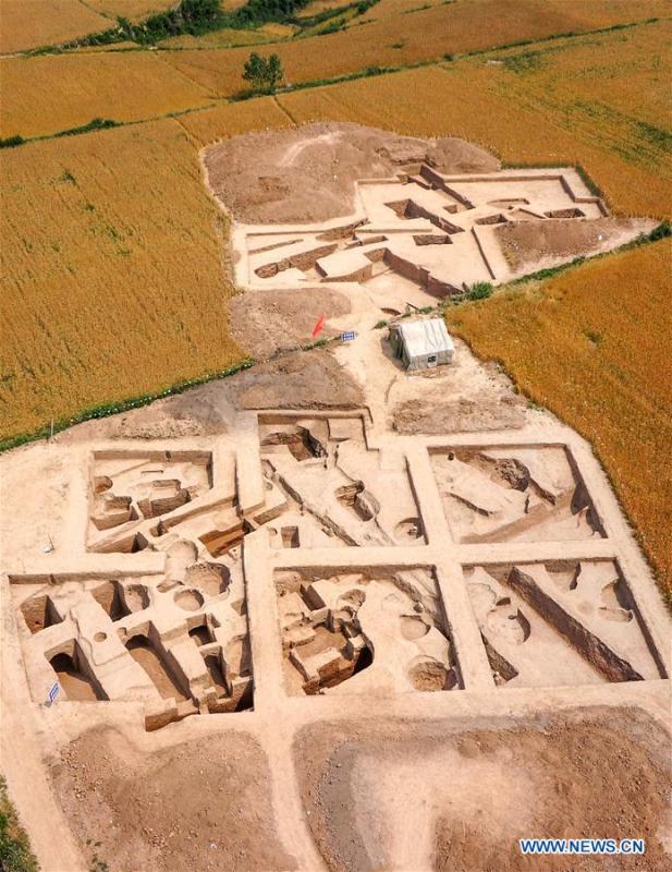 Aerial photo shows the Dongyang relic site in Weinan City, northwest China\'s Shaanxi Province. Chinese paleontologists believe rice cultivation arrived in northern China from the south during the Neolithic age. Researchers with the Chinese Academy of Sciences institute of vertebrate paleontology and paleoanthropology base their view on study of items found in the Dongyang site. Phytolith analysis of residue found at the Dongyang site shows rice was grown there 5,800 years ago. (Xinhua)