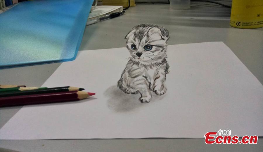 Wang Zhexue, a postgraduate student at Inner Mongolia University of Technology, has created incredibly realistic 3D drawings of animals in order to please his girlfriend, who was said to like pets. Wang has learned about 3D drawing for five years, a hobby to relax his mind in studying science courses. (Photo provided to China News Service)