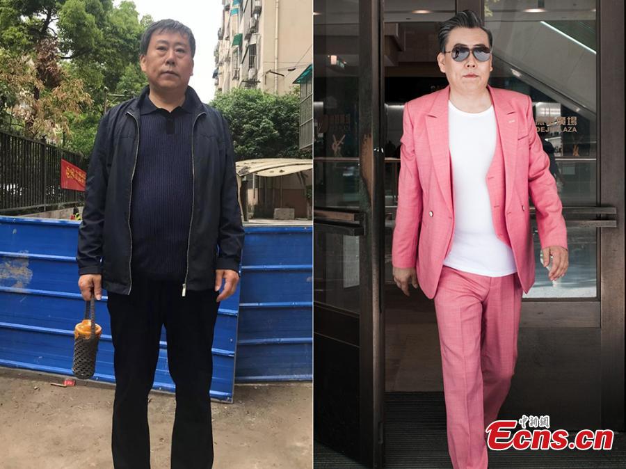 The photos show Zhang, 61, in his everyday clothes (L) and in the fashion shoot in Nanjing, East China\'s Jiangsu Province. Chen Shuai, who has worked in elderly care for many years, organized the event - persuading the three men, who were 68, 66, and 61 years old respectively, to don fashionable outfits and pose for photos they themselves found surprising. (Photo provided to China News Service)