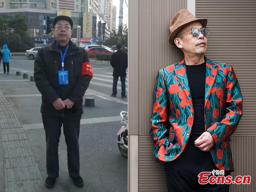 The photos show Song, 68, as he is while working as a traffic volunteer (L) and during the fashion shoot (R) in Nanjing, East China\'s Jiangsu Province. Chen Shuai, who has worked in elderly care for many years, organized the event - persuading the three men, who were 68, 66, and 61 years old respectively, to don fashionable outfits and pose for photos they themselves found surprising. (Photo provided to China News Service)