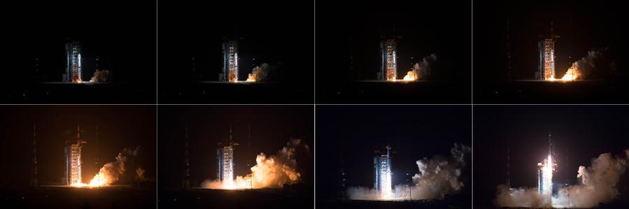 The combined photo taken on May 9, 2018 shows the Gaofen-5 satellite being launched off the back of a Long March 4C rocket at 2:28 a.m. Beijing Time from the Taiyuan Satellite Launch Center in northern Shanxi Province. China on Wednesday launched Gaofen-5, a hyperspectral imaging satellite, as part of the country\'s high-resolution Earth observation project. (Xinhua/Jin Liwang)