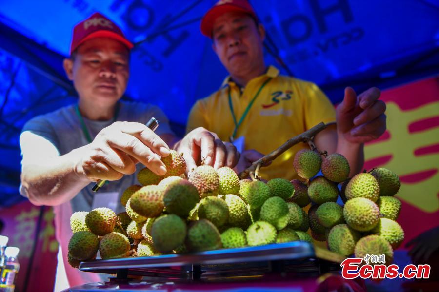 A lychee fruit contest held in Sanmenpo Town, Haikou City, South China’s Hainan Province, May 13, 2018. The contest attracted 44 lychee farmers, all vying for the title of ‘lychee king’. (Photo: China News Service/Luo Yunfei)