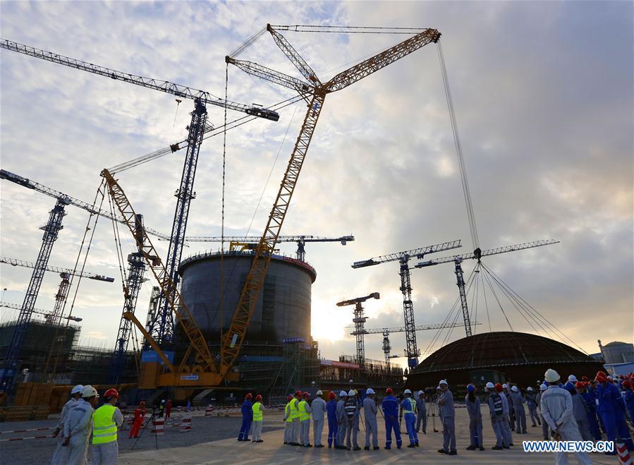Photo taken on May 23, 2018 shows the installation site of a hemispherical dome at the No. 3 unit of Fangchenggang nuclear power station in south China\'s Guangxi Zhuang Autonomous Region. The dome has been installed on a reactor at China\'s nuclear power project in Fangchenggang using Hualong One technology, a domestically-developed third generation reactor design. (Xinhua/Fangchenggang Nuclear Power Co., Ltd.)