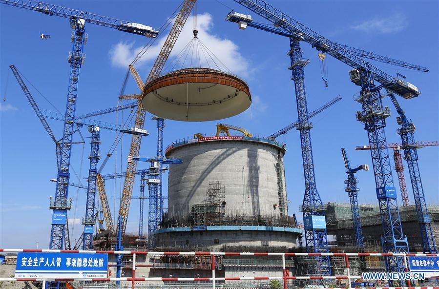 Photo taken on May 23, 2018 shows the installation site of a hemispherical dome at the No. 3 unit of Fangchenggang nuclear power station in south China\'s Guangxi Zhuang Autonomous Region. The dome has been installed on a reactor at China\'s nuclear power project in Fangchenggang using Hualong One technology, a domestically-developed third generation reactor design. (Xinhua/Fangchenggang Nuclear Power Co., Ltd.)