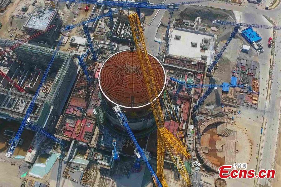 Photo taken on May 23, 2018 shows the installation site of a hemispherical dome at the No. 3 unit of Fangchenggang nuclear power station in south China\'s Guangxi Zhuang Autonomous Region. The dome has been installed on a reactor at China\'s nuclear power project in Fangchenggang using Hualong One technology, a domestically-developed third generation reactor design.  (Photo: China News Service/Huang Huifang)