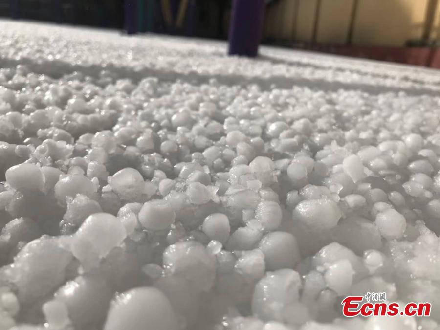 Photo take on May 24, 2018 shows hailstones hitting Hongyuan County, Southwest China’s Sichuan Province. The hail storm continued for 13 minutes, with the largest hailstone measuring 1.5 centimeters. There\'s been no reports of injuries or deaths. (Photo: China News Service/Tang Mingbo)