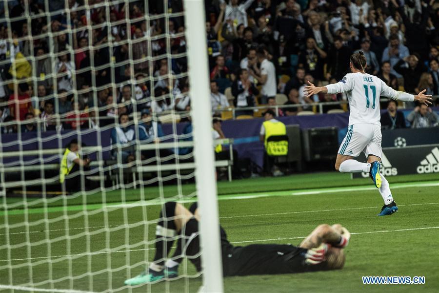 Gareth Bale of Real Madrid celebrates scoring during the UEFA Champions League final match between Liverpool and Real Madrid in Kiev, Ukraine on May 26, 2018. Real Madrid claimed the title with 3-1. (Xinhua/Wuzhuang)