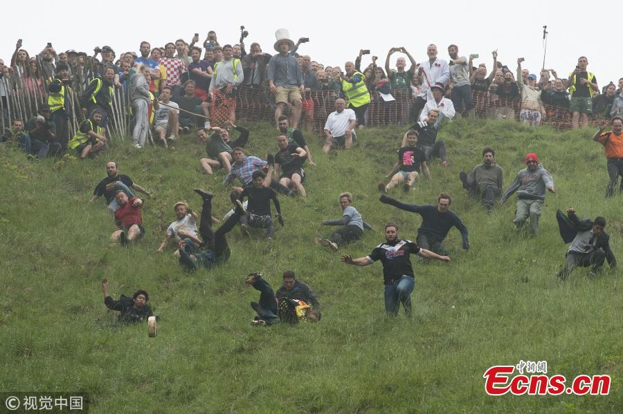In a centuries-old tradition unlike any other, daring racers and spectators alike flock to Cooper\'s Hill in Brockworth, England, to witness the village\'s annual cheese rolling race.The event entails racers chasing a rolled wheel of Double Gloucester cheese down a steep hill. The run is extremely dangerous, with many racers tumbling all the way down the 200-yard slope. The day features several races for men, women and children. (Photo/VCG)