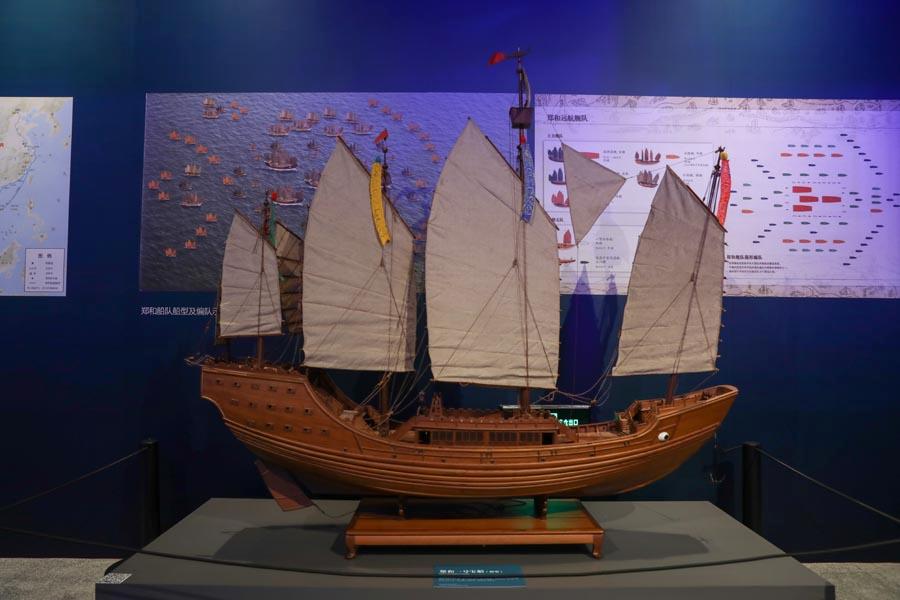 The exhibition at the China Maritime Museum in Shanghai features more than 240 objects and models (above) related to ancient ship-building techniques. (Photo provided to China Daily)