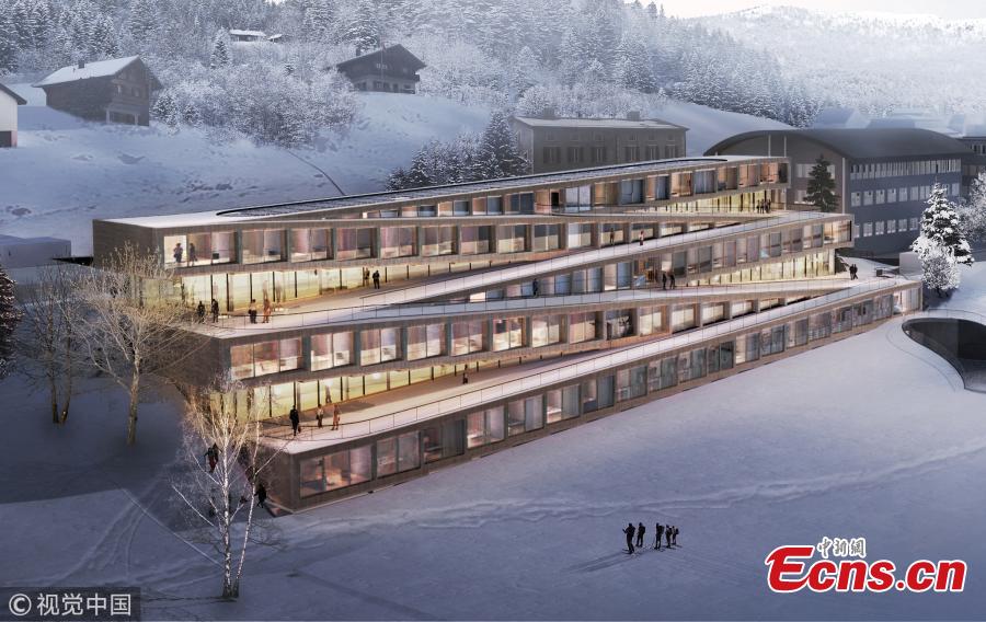 BIG-Bjarke Ingels Group has unveiled images of their proposed Audemars Piguet Hotel des Horlogers, a ski hotel set in the scenic Vallée de Joux, Switzerland. The 70,000 square foot (6,400 square meter) scheme consists of five zig-zagging components, softly tilted to merge into a continuous exterior path from roof to ground, inviting guests to descend on skis towards the trails of the Valle de Joux. (Photo/VCG)
