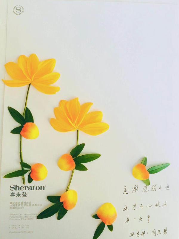 A hotel in Chongqing creates beautiful handmade welcome cards with colorful flower petals. (Photo/chinadaily.com.cn)