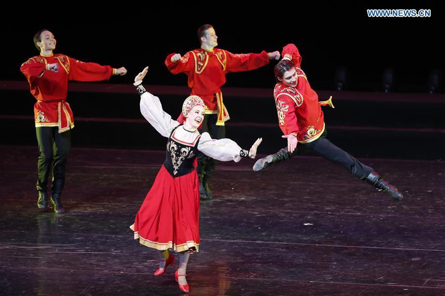 Russian dancers perform during a folk dance show of the Shanghai Cooperation Organization (SCO) art festival held in Beijing, capital of China, June 1, 2018. (Xinhua/Shen Bohan)