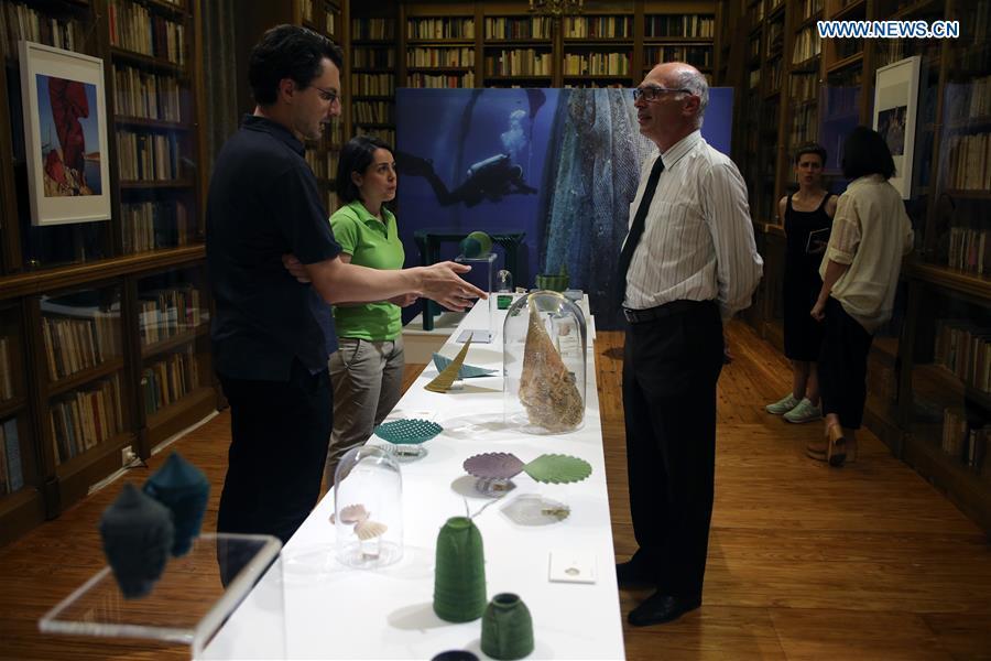3D-printed objects made by marine plastics and ghost nets are on display during the exhibition \