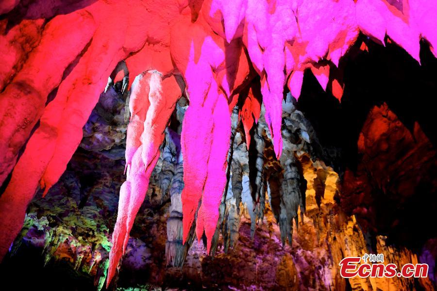 A view of illuminated stalactite formations at the Jixingyan scenic area in Debao County, South China’s Guangxi Zhuang Autonomous Region, June 3, 2018. Jixingyan is a 4A tourist attraction, the second-highest on China’s tourism scale. (Photo: China News Service/Chen Wen)