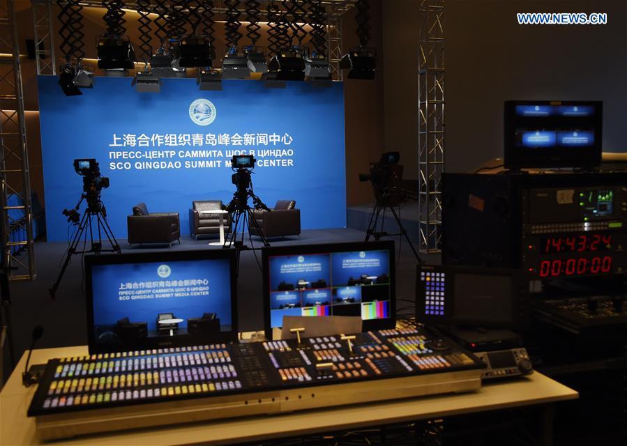 Photo taken on June 3, 2018 shows the interview room for television at the media center of the 18th Shanghai Cooperation Organization (SCO) Summit in Qingdao, east China\'s Shandong Province. The media center of the 18th SCO Summit will open to journalists from both home and abroad on June 6, the organizer said on Sunday. (Xinhua/Li Ziheng)
